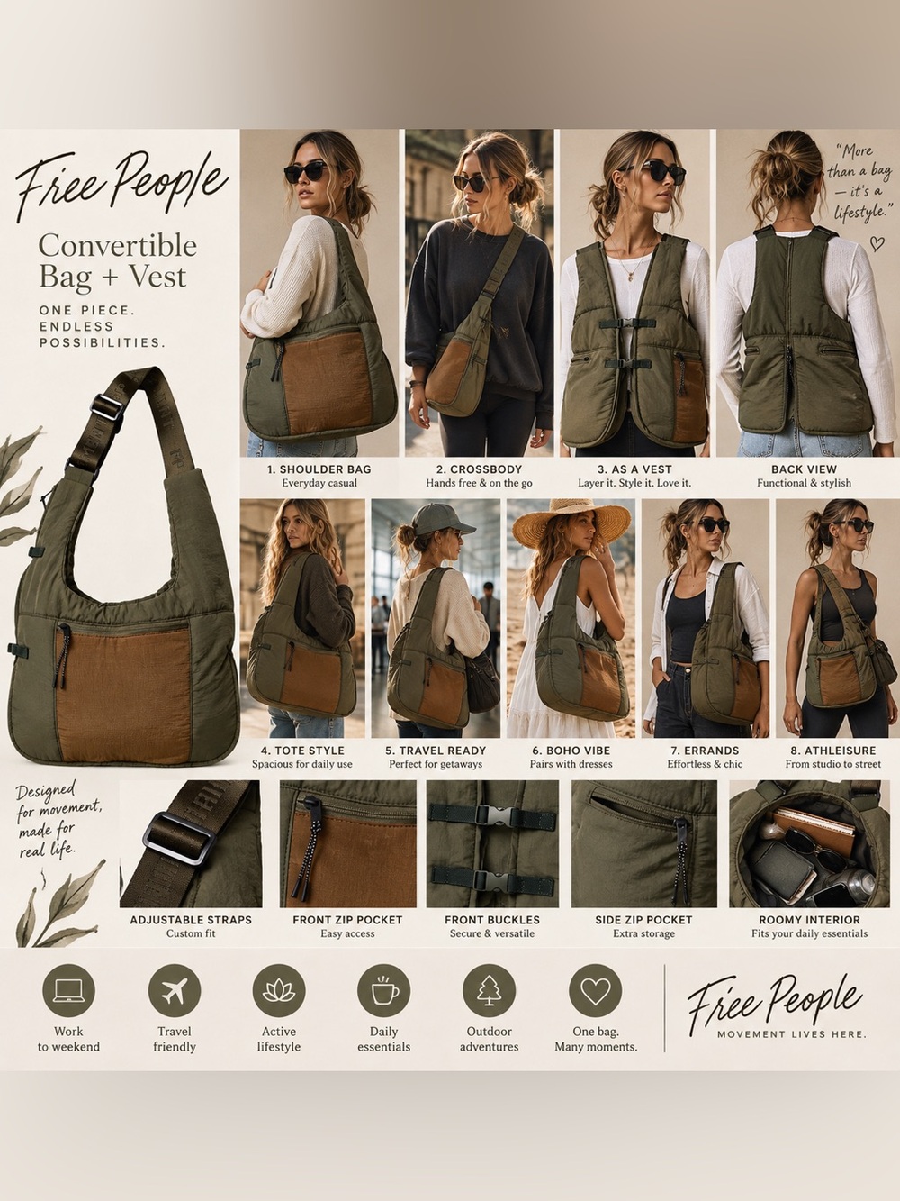 Free People Olive and Brown Convertible Shoulder Bag